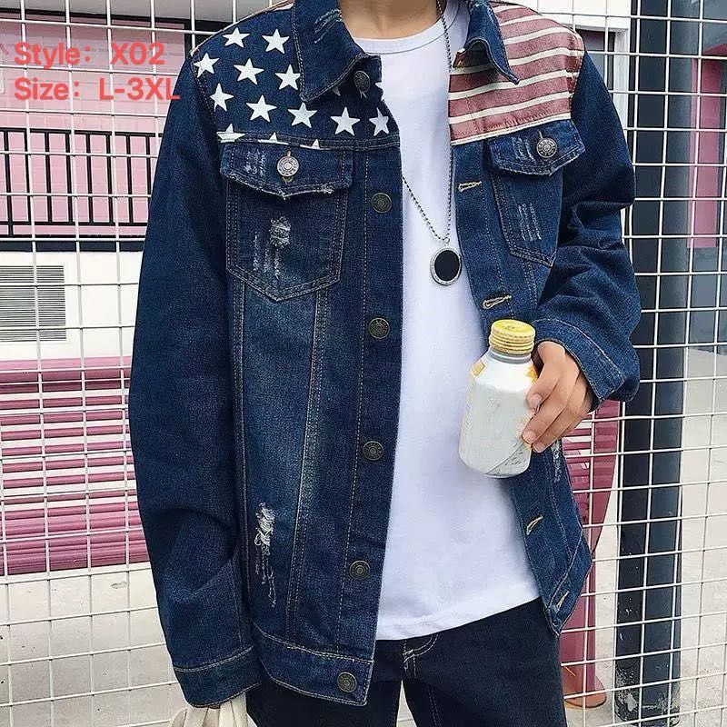 X02 dark blue denim jacket with flag-patterned shoulder panels