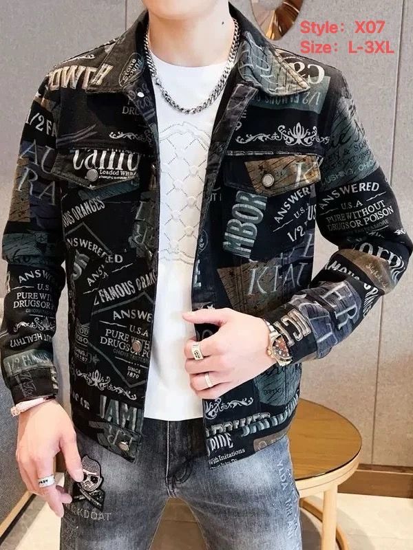 X07 dark jacket covered with contrasting lettering and graphic details